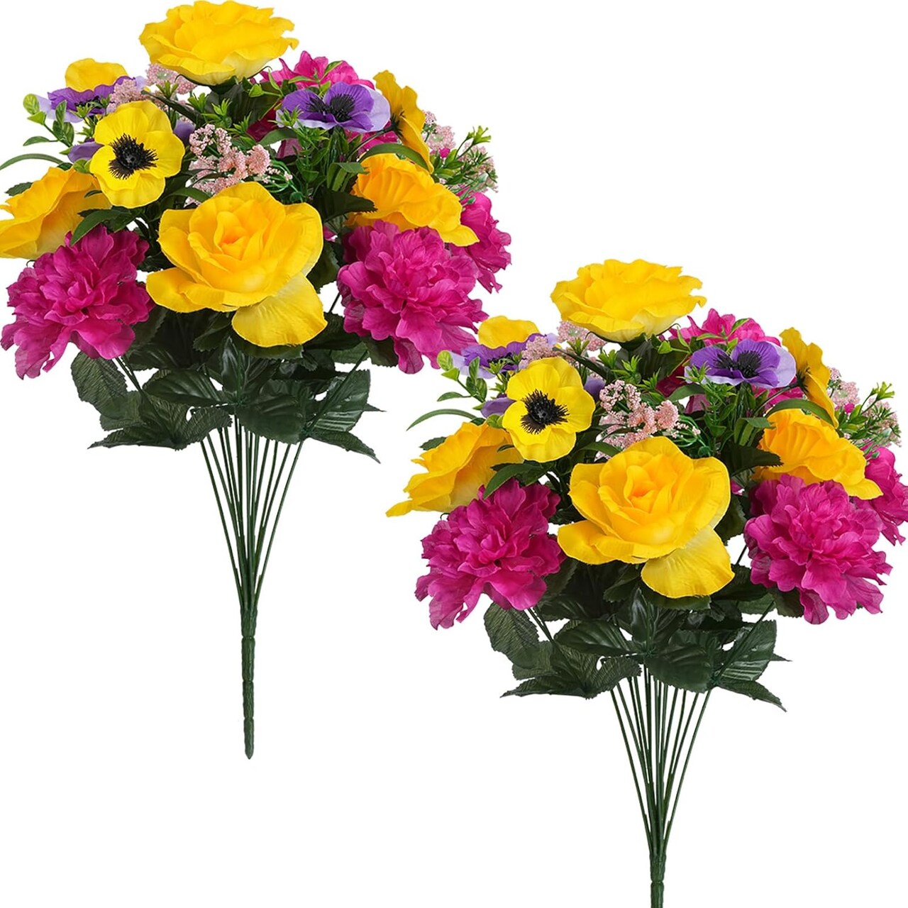 Artificial Cemetery & Memorial Flowers – Silk Dahlia, Rose & Pansy Bouquet with Vase, Indoor/Outdoor Gravesite Decoration, Wedding and Table Centerpiece (2 Bunches)